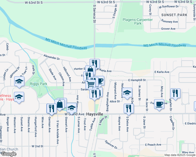 map of restaurants, bars, coffee shops, grocery stores, and more near 334 North Main Street in Haysville