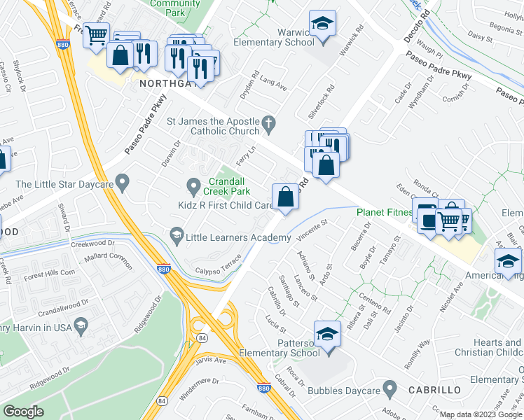 map of restaurants, bars, coffee shops, grocery stores, and more near 4227 Tiburon Drive in Fremont