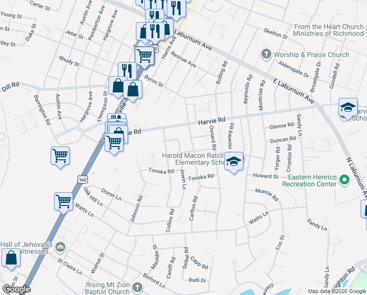 map of restaurants, bars, coffee shops, grocery stores, and more near 3403 Jowin Lane in Richmond