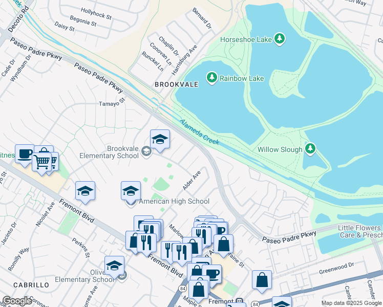 map of restaurants, bars, coffee shops, grocery stores, and more near 3148 Puttenham Way in Fremont