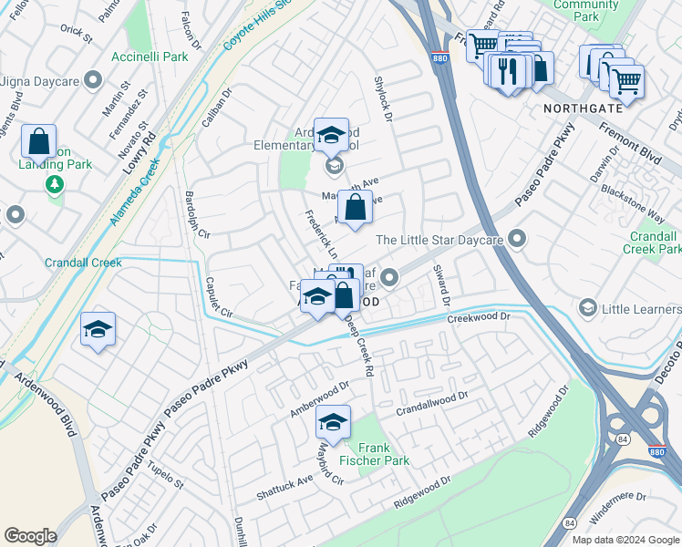 map of restaurants, bars, coffee shops, grocery stores, and more near 34129 Frederick Lane in Fremont