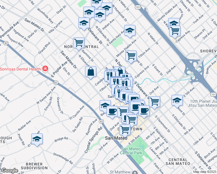 map of restaurants, bars, coffee shops, grocery stores, and more near 78 North Ellsworth Avenue in San Mateo