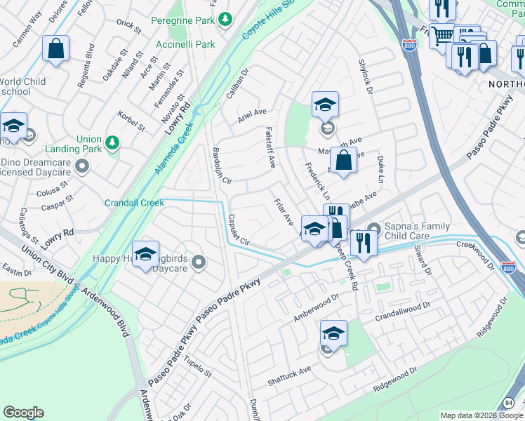 map of restaurants, bars, coffee shops, grocery stores, and more near 33867 Juliet Circle in Fremont