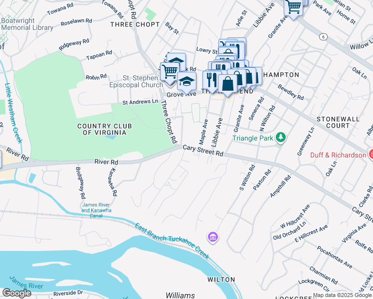 map of restaurants, bars, coffee shops, grocery stores, and more near 5621 Cary Street Road in Richmond