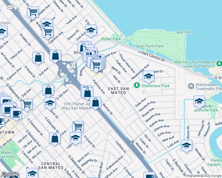 map of restaurants, bars, coffee shops, grocery stores, and more near 850 South Norfolk Street in San Mateo