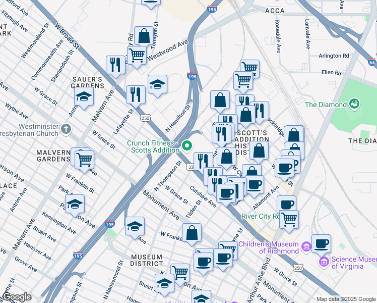 map of restaurants, bars, coffee shops, grocery stores, and more near 3610 West Broad Street in Richmond