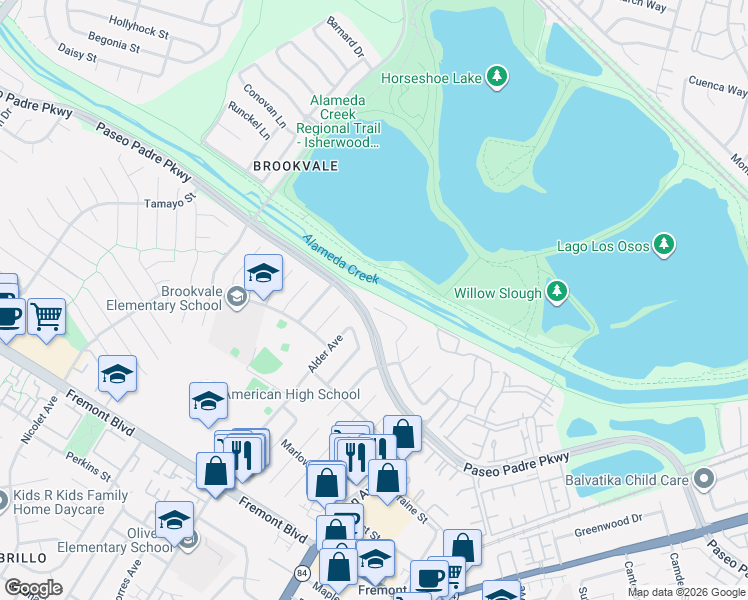map of restaurants, bars, coffee shops, grocery stores, and more near 36590 Reynolds Drive in Fremont