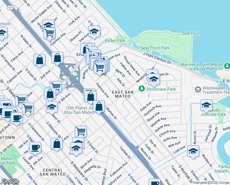 map of restaurants, bars, coffee shops, grocery stores, and more near 850 South Norfolk Street in San Mateo
