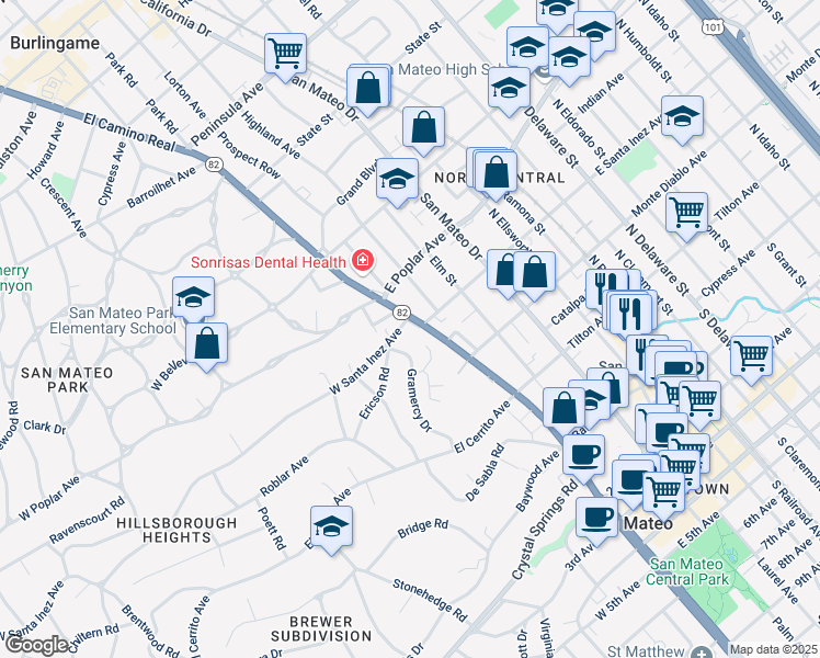 map of restaurants, bars, coffee shops, grocery stores, and more near 1 West Santa Inez Avenue in San Mateo