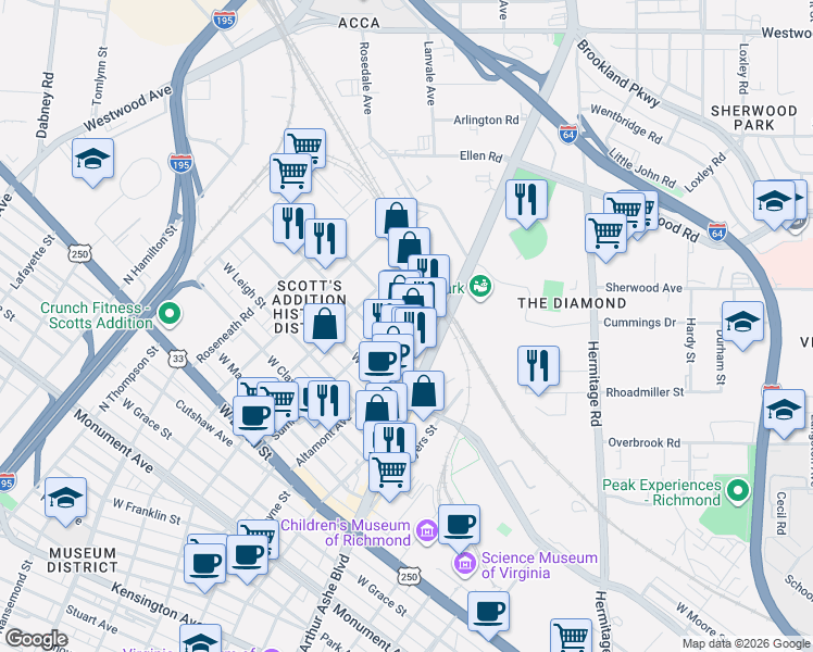map of restaurants, bars, coffee shops, grocery stores, and more near 1726 Altamont Avenue in Richmond