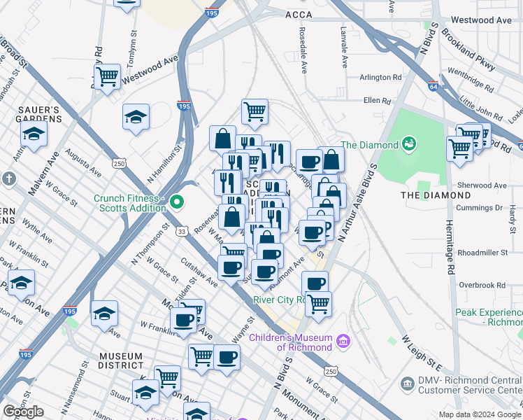 map of restaurants, bars, coffee shops, grocery stores, and more near in Richmond