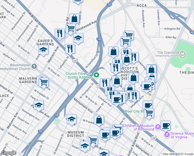 map of restaurants, bars, coffee shops, grocery stores, and more near 3610 West Broad Street in Richmond