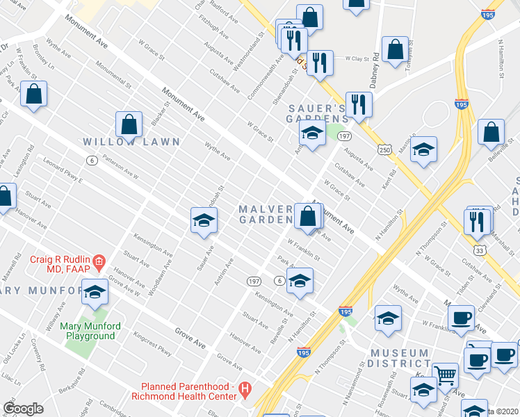 map of restaurants, bars, coffee shops, grocery stores, and more near 4204 West Franklin Street in Richmond
