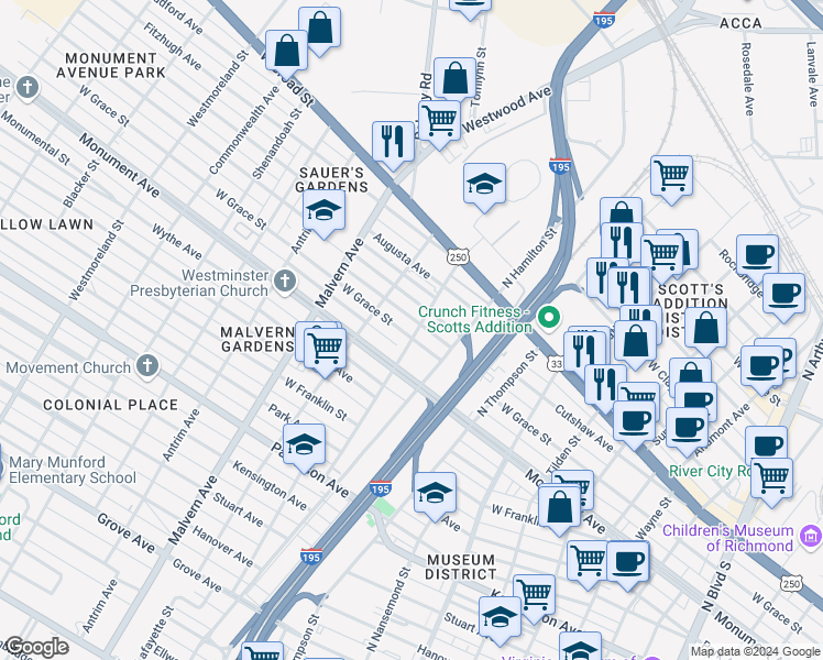 map of restaurants, bars, coffee shops, grocery stores, and more near 3900 West Grace Street in Richmond