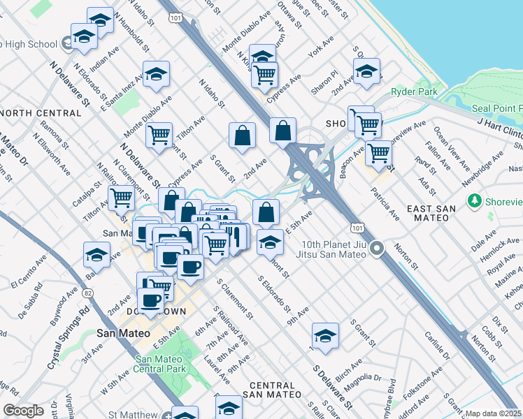 map of restaurants, bars, coffee shops, grocery stores, and more near 301 South Grant Street in San Mateo