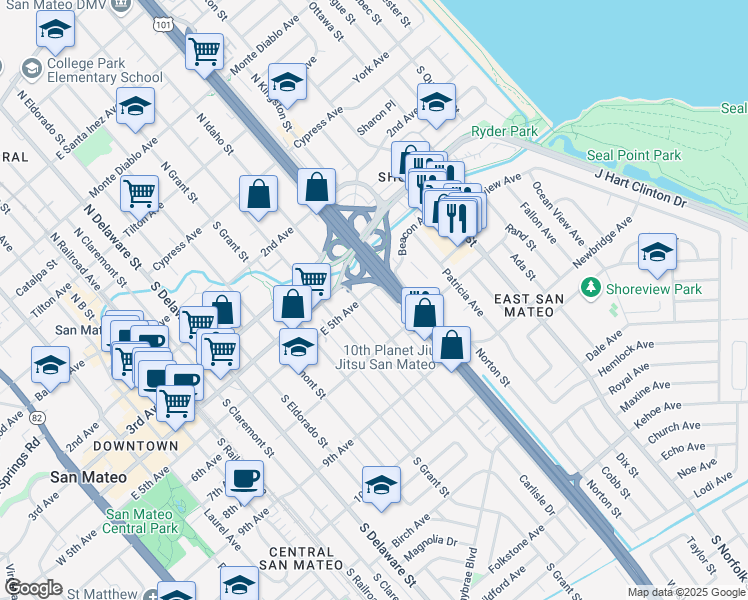 map of restaurants, bars, coffee shops, grocery stores, and more near 1110 East 5th Avenue in San Mateo