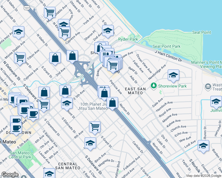 map of restaurants, bars, coffee shops, grocery stores, and more near 1308 Dakota Ave in San Mateo