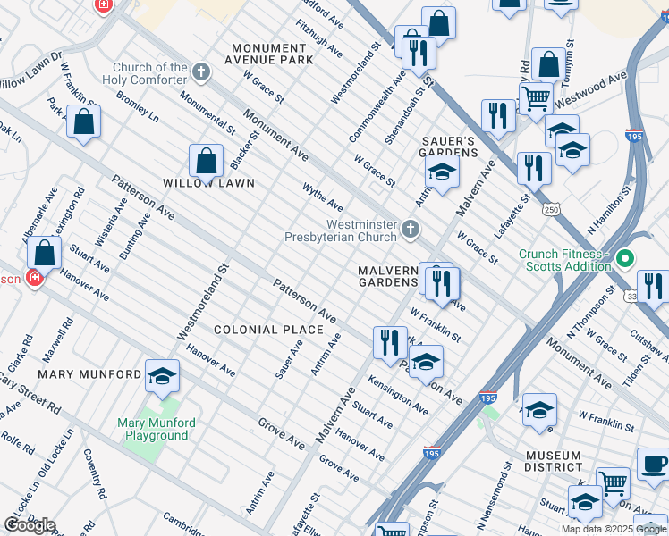 map of restaurants, bars, coffee shops, grocery stores, and more near 4303 West Franklin Street in Richmond