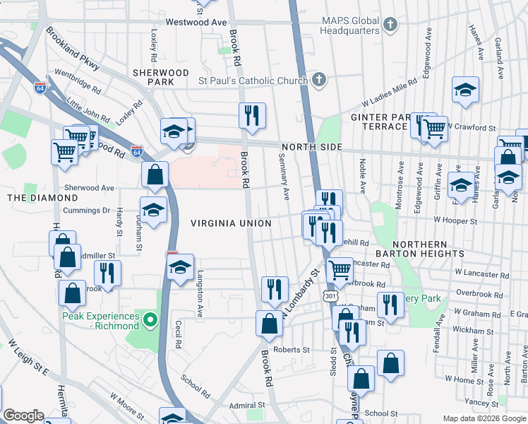 map of restaurants, bars, coffee shops, grocery stores, and more near 2902 Northumberland Avenue in Richmond