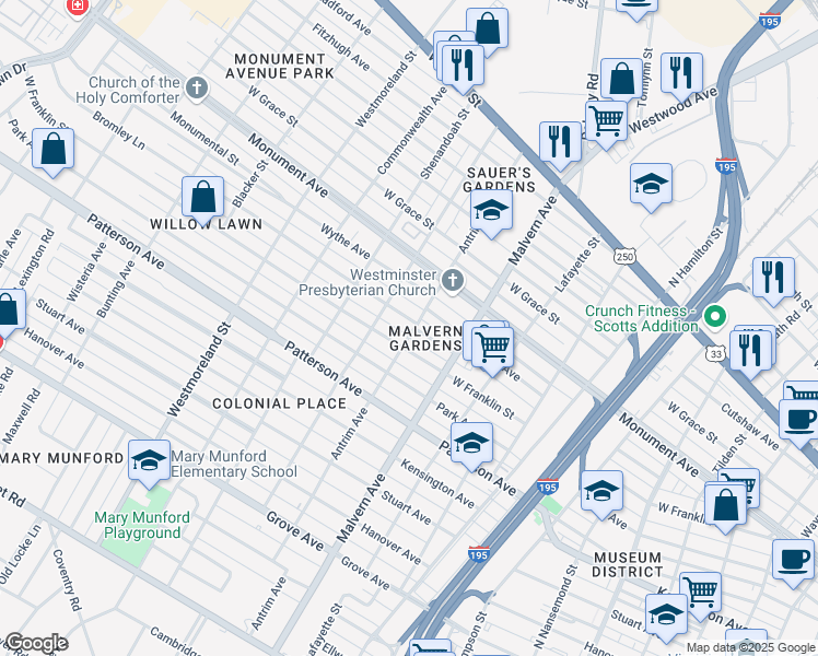 map of restaurants, bars, coffee shops, grocery stores, and more near 4201 Bromley Lane in Richmond