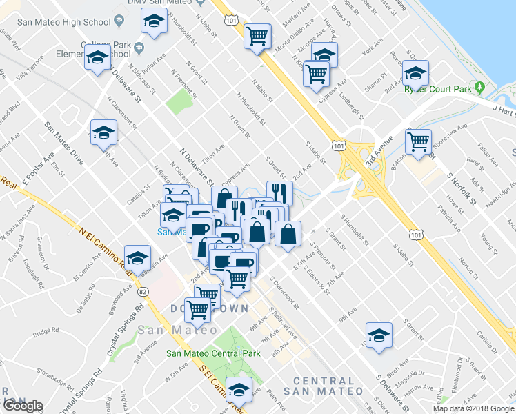 map of restaurants, bars, coffee shops, grocery stores, and more near 700 1st Avenue in San Mateo