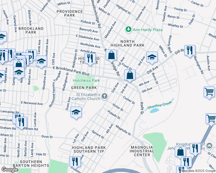 map of restaurants, bars, coffee shops, grocery stores, and more near 2903 Woodcliff Avenue in Richmond