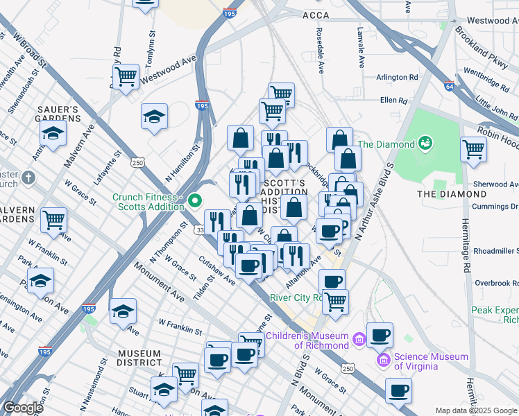 map of restaurants, bars, coffee shops, grocery stores, and more near 3305 West Leigh Street in Richmond