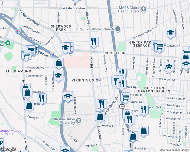 map of restaurants, bars, coffee shops, grocery stores, and more near 2902 Northumberland Avenue in Richmond