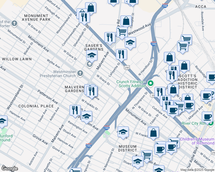 map of restaurants, bars, coffee shops, grocery stores, and more near 3913 West Grace Street in Richmond