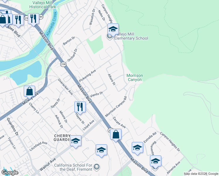 map of restaurants, bars, coffee shops, grocery stores, and more near 38890 Almaden Place in Fremont