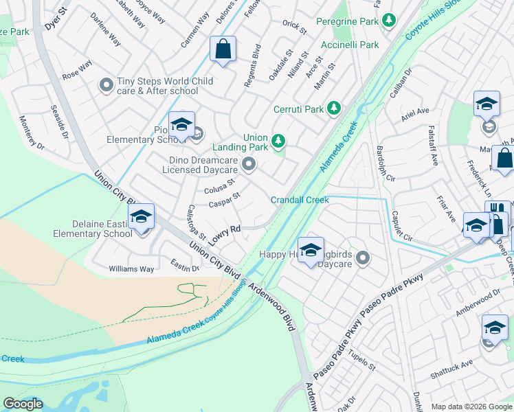 map of restaurants, bars, coffee shops, grocery stores, and more near 4916 Corona Court in Union City