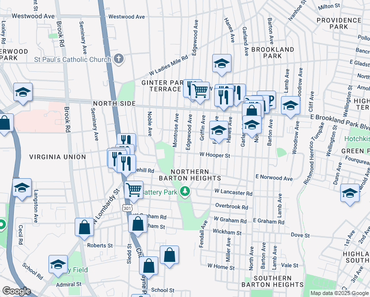 map of restaurants, bars, coffee shops, grocery stores, and more near 2802 Edgewood Avenue in Richmond