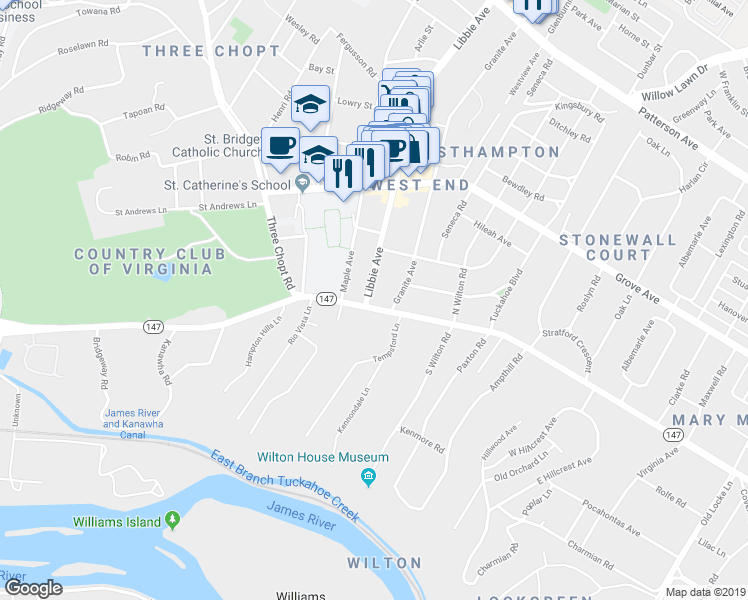 map of restaurants, bars, coffee shops, grocery stores, and more near 5418 Cary Street Road in Richmond