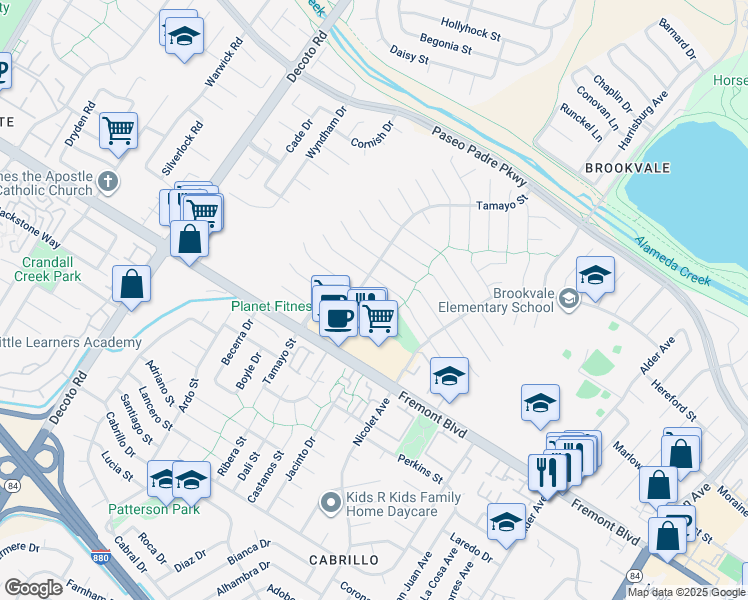 map of restaurants, bars, coffee shops, grocery stores, and more near 3750 Tamayo Street in Fremont