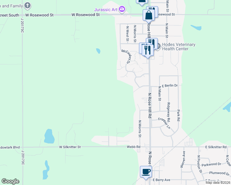 map of restaurants, bars, coffee shops, grocery stores, and more near 665 North Sunrise Drive in Rose Hill