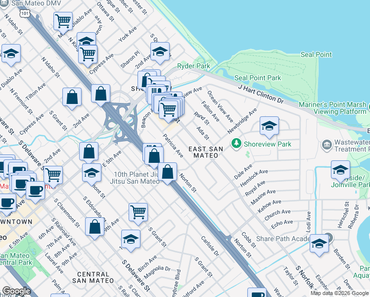 map of restaurants, bars, coffee shops, grocery stores, and more near 808 Howe Street in San Mateo