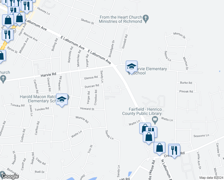 map of restaurants, bars, coffee shops, grocery stores, and more near 3234 Hunters Mill Court in Richmond