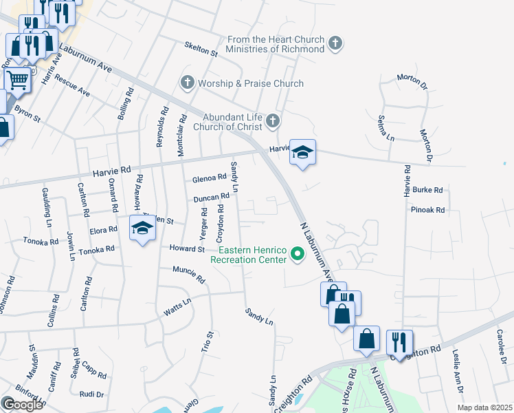 map of restaurants, bars, coffee shops, grocery stores, and more near 3234 Hunters Mill Court in Richmond
