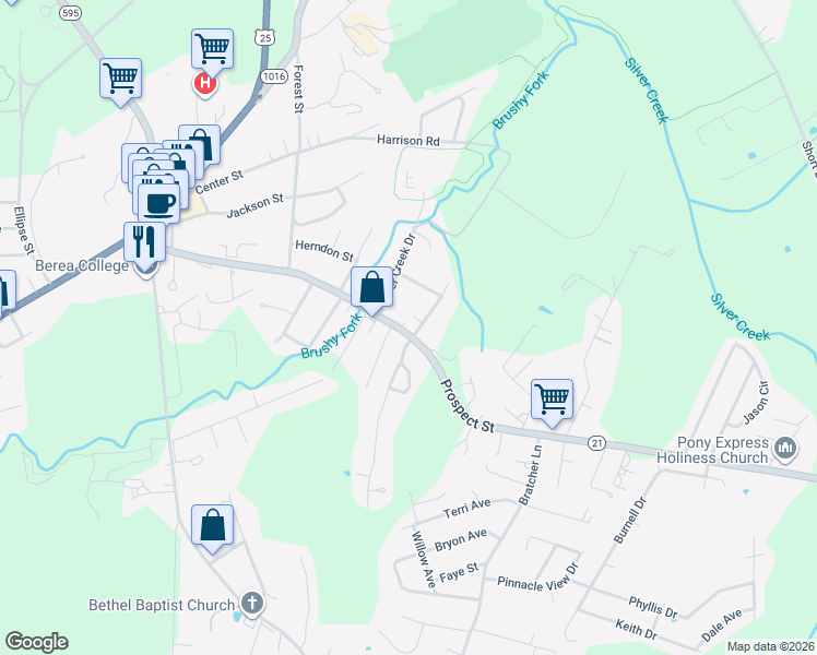 map of restaurants, bars, coffee shops, grocery stores, and more near 627 Big Hill Road in Berea