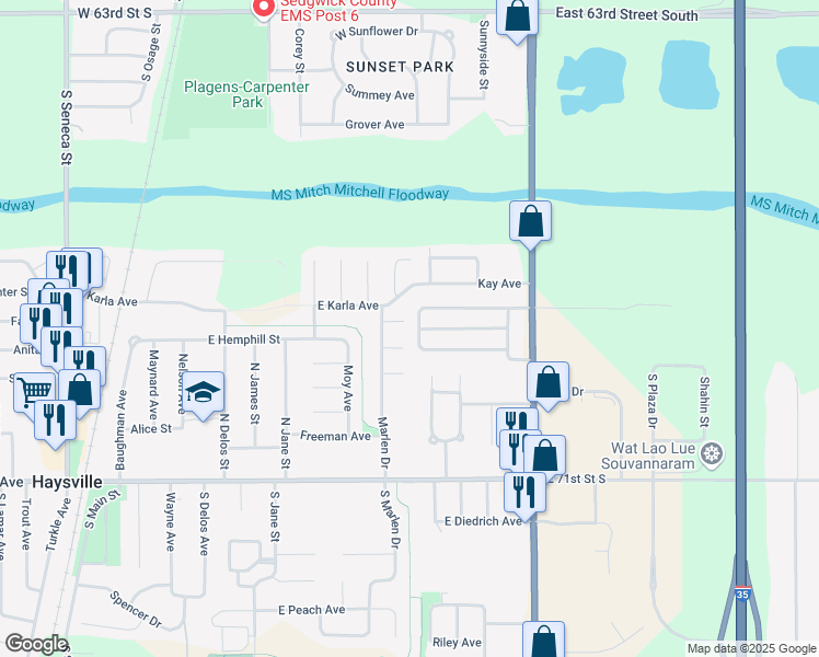 map of restaurants, bars, coffee shops, grocery stores, and more near 420 North Marlen Court in Haysville