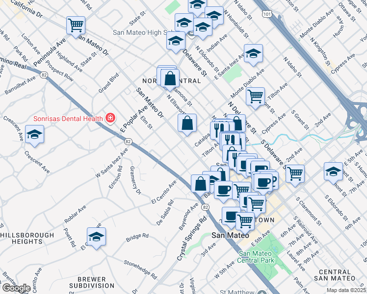 map of restaurants, bars, coffee shops, grocery stores, and more near 153 North San Mateo Drive in San Mateo