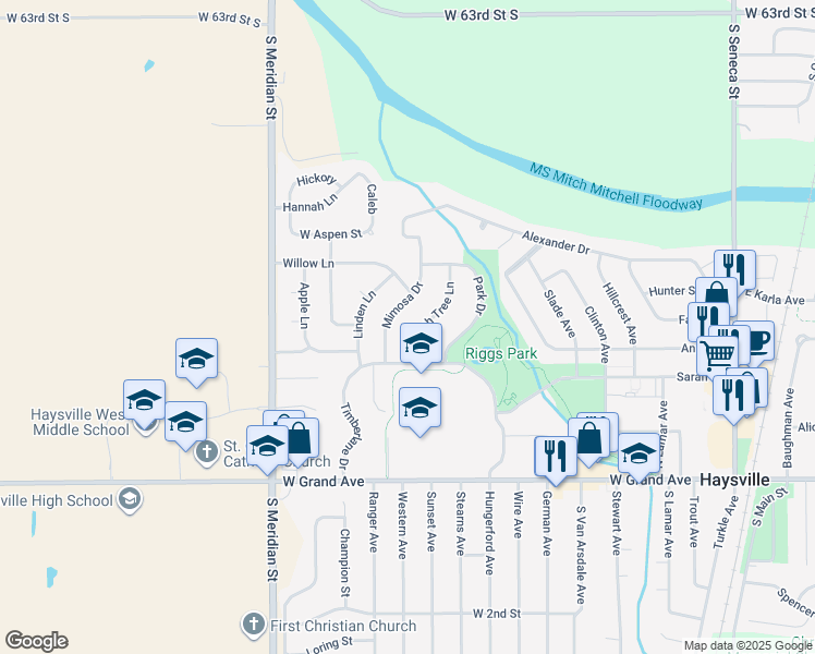 map of restaurants, bars, coffee shops, grocery stores, and more near 313 Peach Tree Ln in Haysville