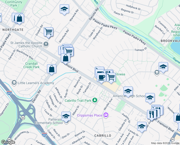 map of restaurants, bars, coffee shops, grocery stores, and more near 35411 Baldwin Place in Fremont