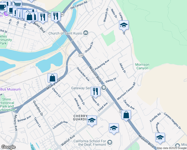 map of restaurants, bars, coffee shops, grocery stores, and more near 20 Pickering Avenue in Fremont