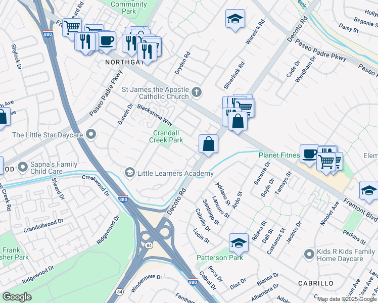 map of restaurants, bars, coffee shops, grocery stores, and more near 4227 Tiburon Drive in Fremont