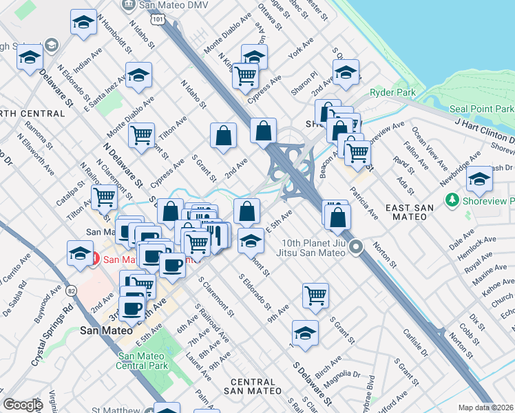 map of restaurants, bars, coffee shops, grocery stores, and more near 314 South Humboldt Street in San Mateo