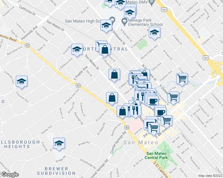 map of restaurants, bars, coffee shops, grocery stores, and more near 137 San Mateo Drive in San Mateo