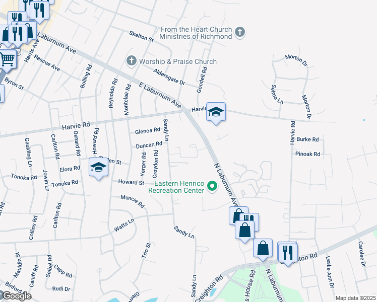 map of restaurants, bars, coffee shops, grocery stores, and more near 3246 Hunters Mill Drive in Richmond