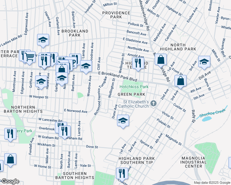 map of restaurants, bars, coffee shops, grocery stores, and more near 610 Fourqurean Lane in Richmond