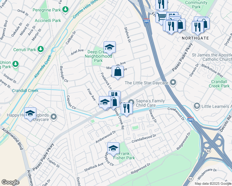 map of restaurants, bars, coffee shops, grocery stores, and more near 4807 Phebe Avenue in Fremont